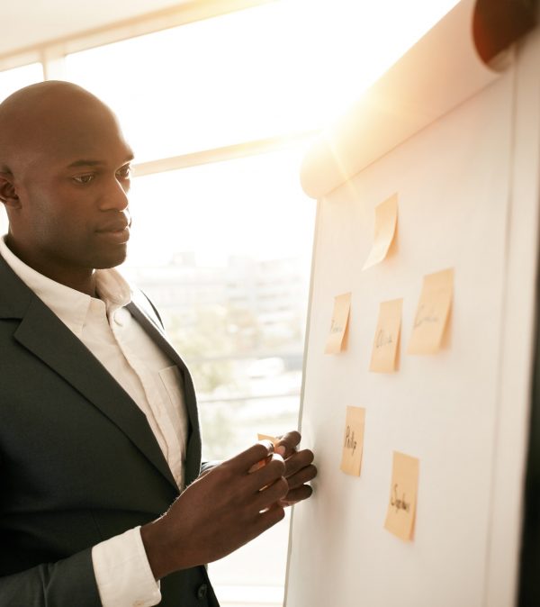 Business executive presenting his ideas on white board