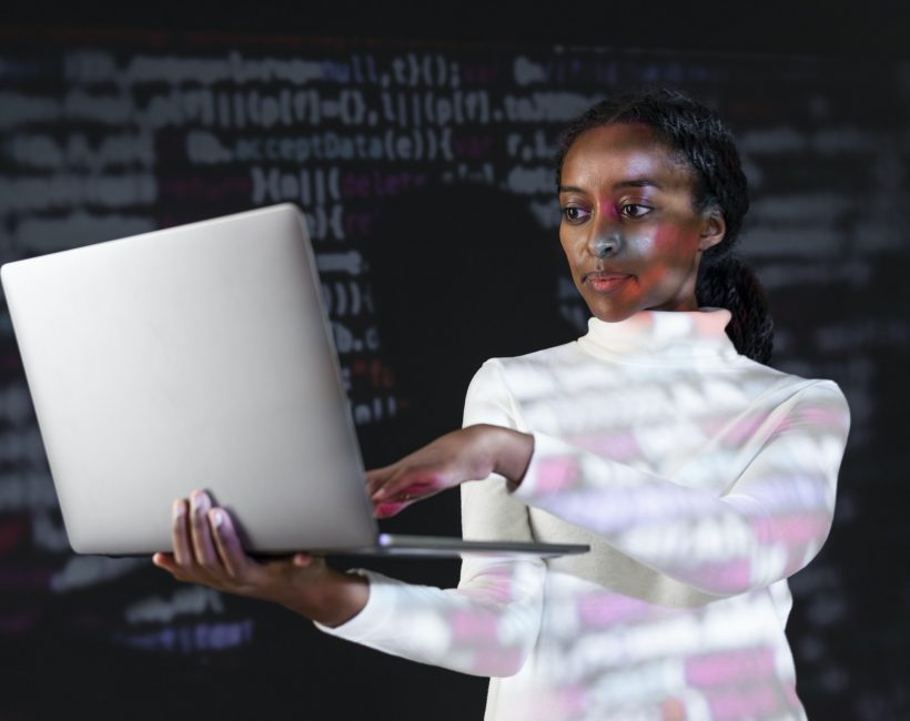 Female programmer cracking the binary code